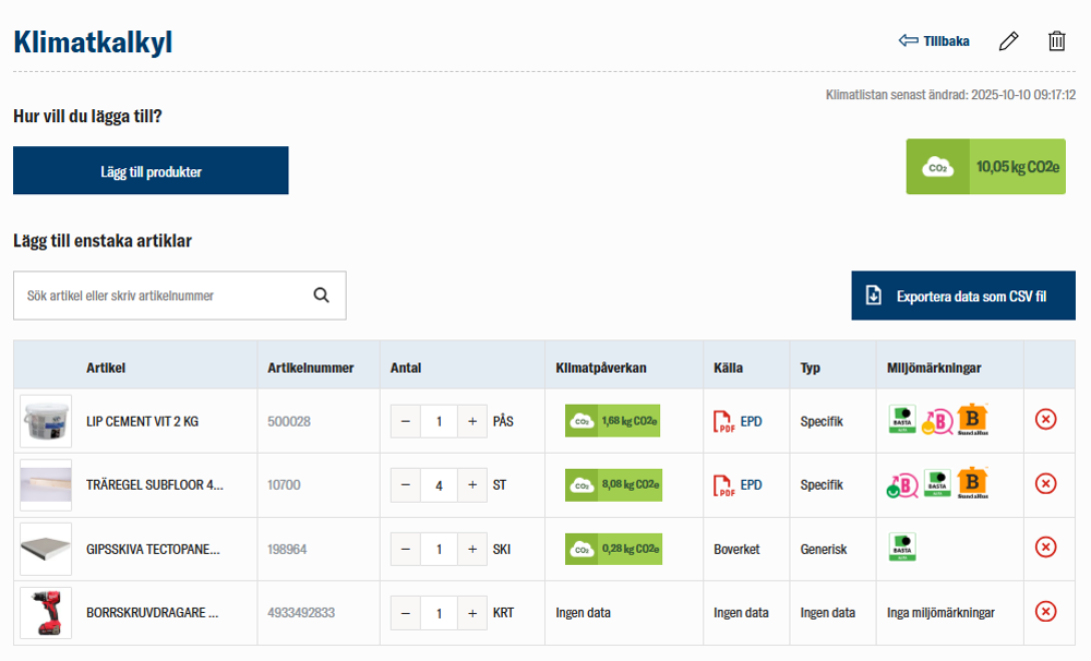 nomenu Klimatkalkyl hos Henrys Bygg som redovisar klimatpåverkan per byggprodukt med EPD-data och miljömärkningar.