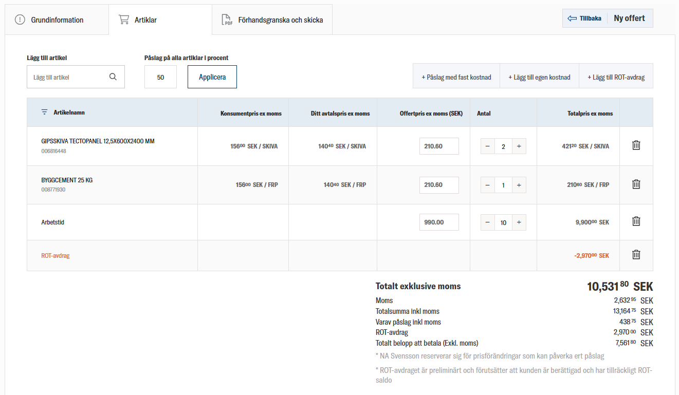Offertverktyg hos Henrys Bygg som visar produkter, pris och ROT-avdrag.