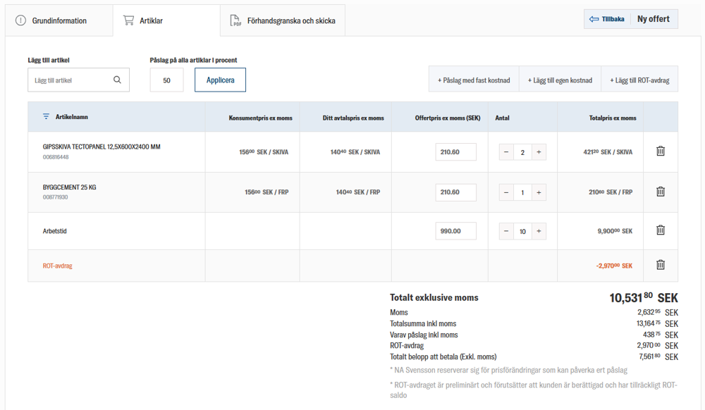 nomenu Offertverktyg hos Henrys Bygg som visar produkter, pris och ROT-avdrag.