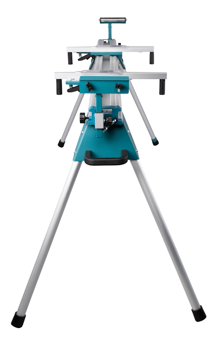 Sågkap- och geringssåg på stativ med grå ben och turkos detaljer.