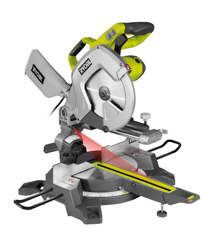 Kap- och geringssåg med laser och dammsugaranslutning fån Ryobi med logan synlig på sågkroppen.