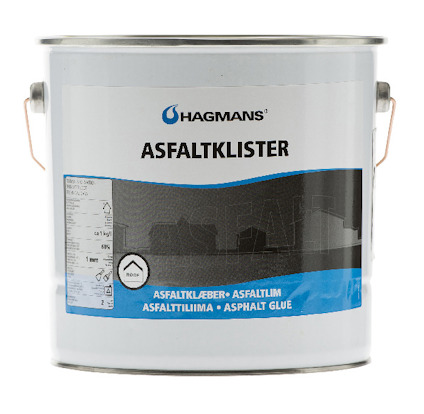 Vit burk med texten "Hagmans Asfaltklister" och etikett på flera språk. Har handtag på sidorna.
