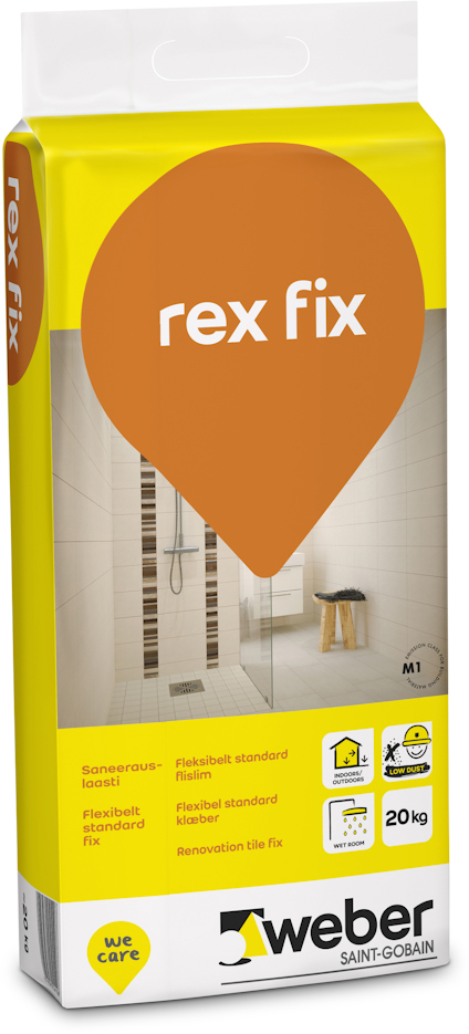 Förpackning med texten "rex fix" och "weber", visar interiörbild av badrum.