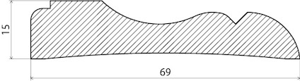 En tvärsnittsritning av en profilerad list med måtten 15 mm i höjd och 69 mm i bredd.