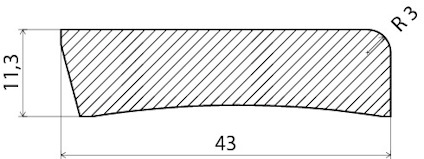 Tvärsnitt av en form med mått 43 mm bredd, 11,3 mm höjd, och en radie på 3 mm i ena hörnet.