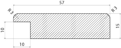 Ritning av en rektangulär profil med mått 57x15 mm, hörnradius R3, och en inre urgröpning 10x10 mm.