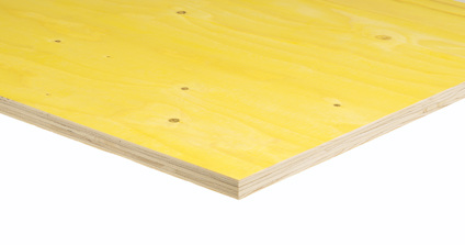 Plywoodskiva. Gult plywoodark med synliga träfibrer.