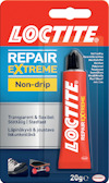 Förpackning med Loctite Repair Extreme universallim, röd tub, 20g, med text om dess transparens och stötdämpande egenskaper.