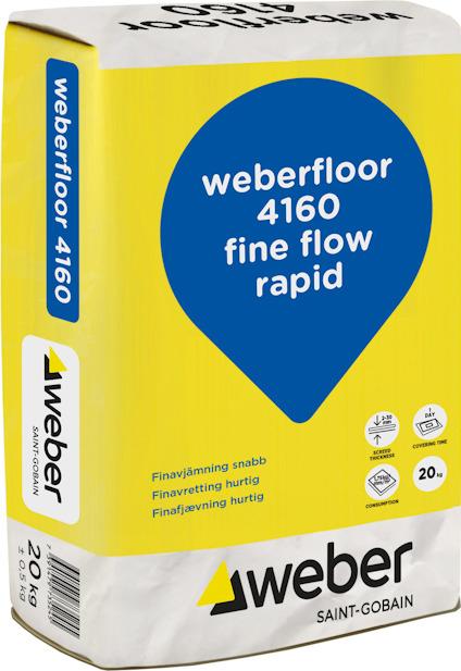 Vit och gul säck med texten "weberfloor 4160 fine flow rapid" samt "Finavjämning snabb".