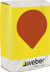 Gul och vit säck med orange emblem, märkt med "weber" och "Saint-Gobain" i svart text.