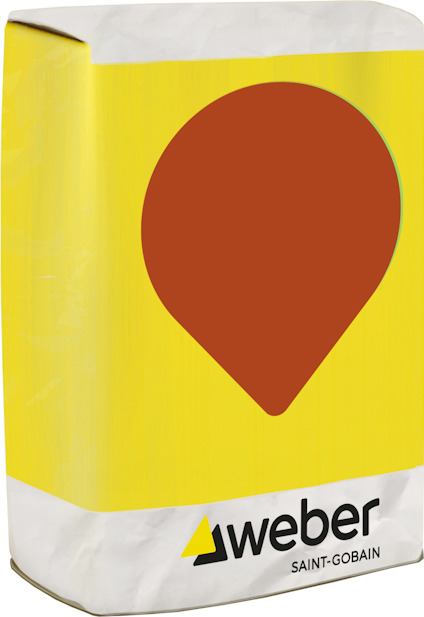Gul och vit säck med orange emblem, märkt med "weber" och "Saint-Gobain" i svart text.