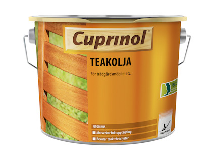Teakolja från Cuprinol i en burk med handtag, etikett med text och illustration av trädgårdsmöbler.