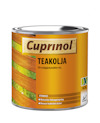 Burk med Cuprinol Teakolja för trädgårdsmöbler, 0,5L. Text inkluderar "Motverkar fuktupptagning, Bevarar teakträs lyster".