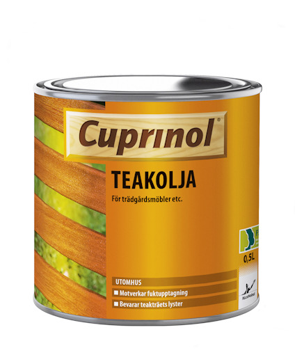 Burk med Cuprinol Teakolja för trädgårdsmöbler, 0,5L. Text inkluderar "Motverkar fuktupptagning, Bevarar teakträs lyster".