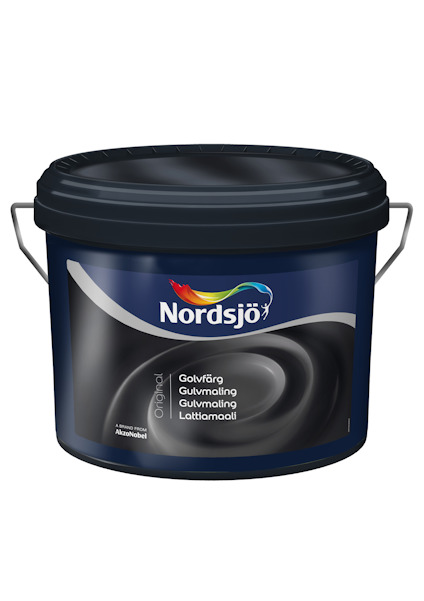 Hink med svart lock och etikett med Nordsjö-logga och text: "Golvfärg, Gulvmaling, Gulvmaali, Lattiamaali".