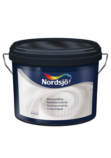 Hink med Nordsjö original elementfärg och lock, etikett visar text och grafisk design.