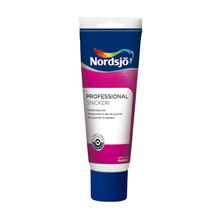 Tegelröd tub med texten "Nordsjö Professional Snickeri" och blå, röda samt vita detaljer.