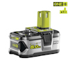 Ryobi One+ 18V 5.0Ah batteri med svart och grå design och gröna detaljer, visas mot en vit bakgrund.