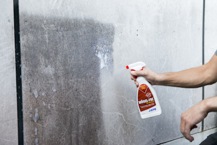 Hand som håller en sprejflaska märkt "Mögel-Fri" och sprutar vätska på en vägg med mögel.