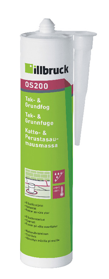 Vit tub med röd och grön etikett, märkt "illbruck OS200" och text på flera språk.