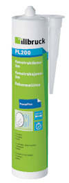 Grön och vit tub av konstruktionslim PL200 med text på flera språk och logotypen "illbruck".