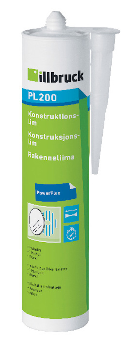 Grön och vit tub av konstruktionslim PL200 med text på flera språk och logotypen "illbruck".