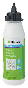 Vit plastflaska med grön etikett, texten "illbruck" och "PU204 Trälim PU". Svart lock med pip.