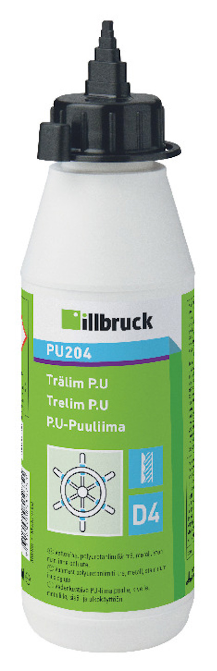Vit plastflaska med grön etikett, texten "illbruck" och "PU204 Trälim PU". Svart lock med pip.