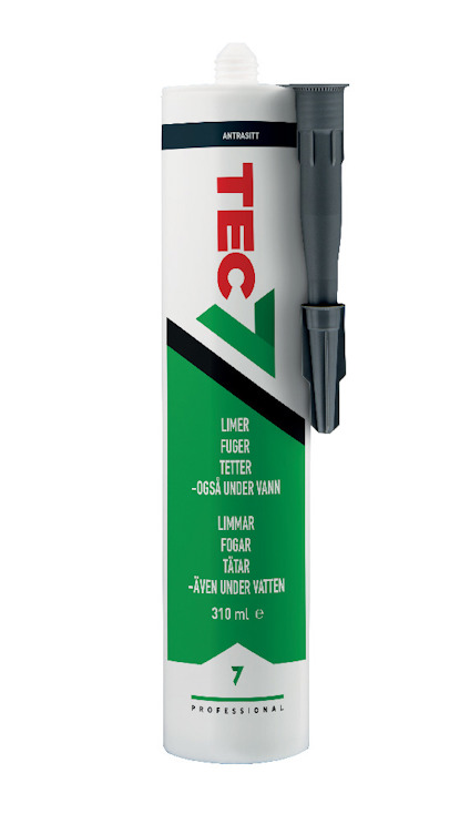 Vit tub med grön och röd text "TEC7", medföljer munstycke. Text: "LIMMAR FOGAR TÄTAR - ÄVEN UNDER VATTEN". 310 ml.