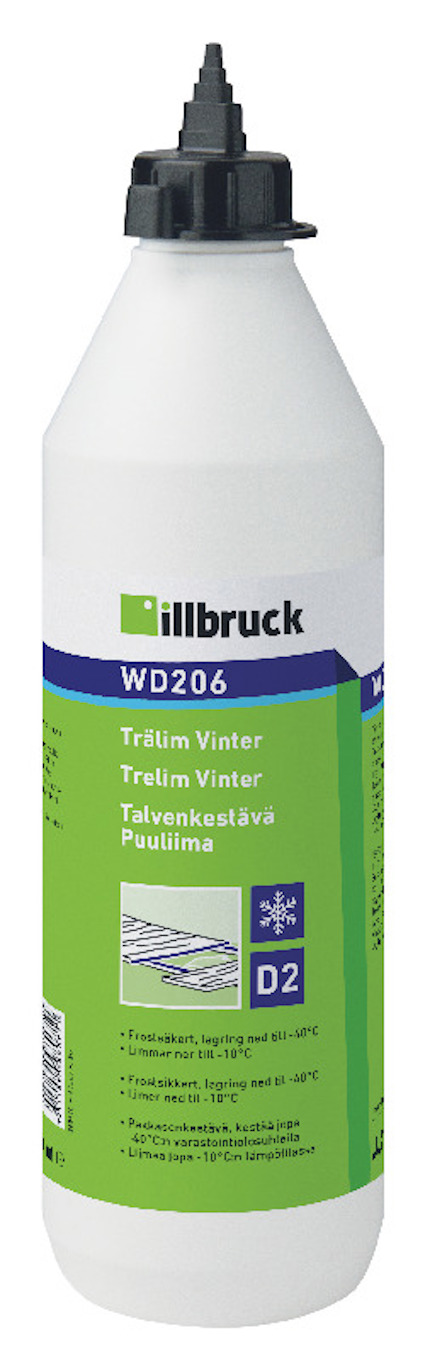 Vit flaska med svart kork och grön etikett med texten "Trälim Vinter WD206 D2" och information på flera språk.