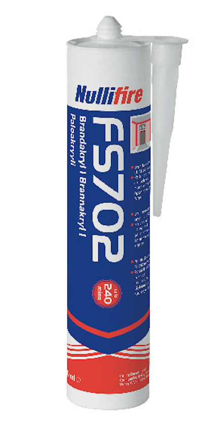 Kassett med vit Nullifire FS702 brandakryl, röd och blå etikett med text.