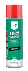 Grön sprayburk med röd kork och texten "TEC7 CLEANER". Visar instruktioner och bilder av användning.