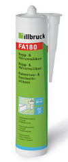 Vit tub illbruck FA180 Bygg- & Våtrumssilikon med grön och röd etikett, text och illustrationssymboler.
