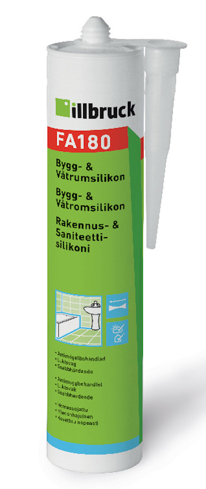 Vit tub illbruck FA180 Bygg- & Våtrumssilikon med grön och röd etikett, text och illustrationssymboler.