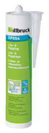 Vit tub med Illbruck SP054 Lim och Byggfog, grön etikett och vit applikationsspets.
