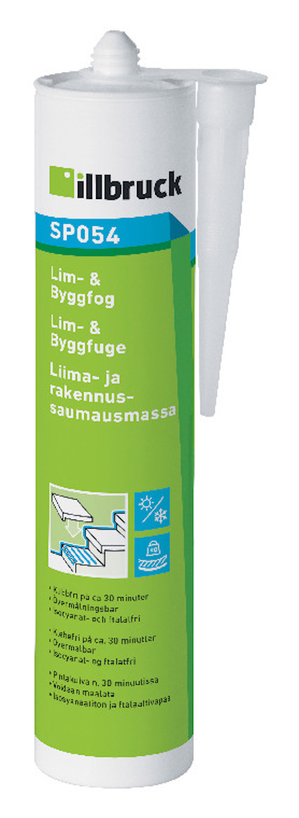 Vit tub med Illbruck SP054 Lim och Byggfog, grön etikett och vit applikationsspets.