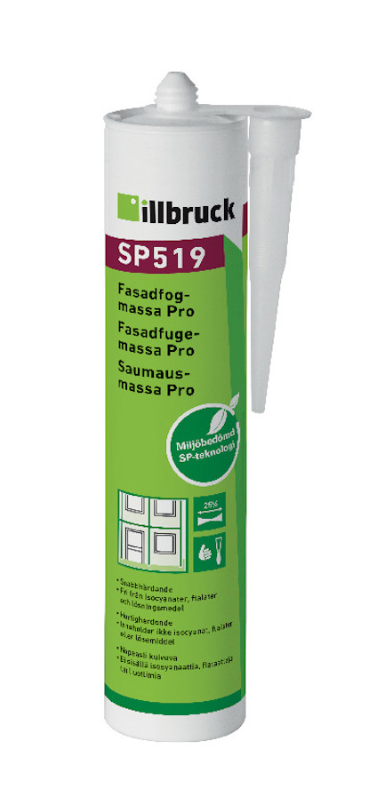 Patron med texten "Fasadfogmassa Pro SP519" och en grön etikett.