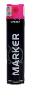 Svart sprayburk med rosa lock och texten "MARKER MASTER" på framsidan.