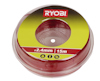 Trimmerspole med röd trimmertråd, etikett med texten "RYOBI", "Ø 2.4mm" och "15m".