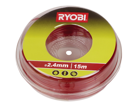 Trimmerspole med röd trimmertråd, etikett med texten "RYOBI", "Ø 2.4mm" och "15m".