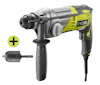 Elektrisk borrhammare i grön och svart design med extra borrchuck bredvid av märket RYOBI.