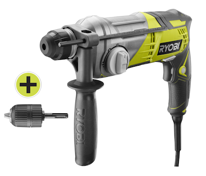 Elektrisk borrhammare i grön och svart design med extra borrchuck bredvid av märket RYOBI.