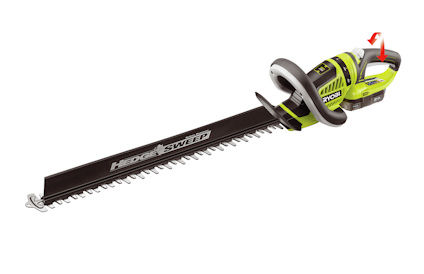 Grön och svart batteridriven häcksax av märket RYOBI med långt blad och märkningen "HEDGESWEEP".