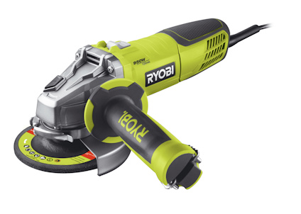 Grön och svart vinkelslip med sidhandtag och elsladd, märkt "RYOBI".