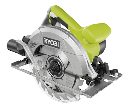 Cirkelsåg med grön handtag och metallbladsskydd, märkt med "RYOBI" och "1400W".
