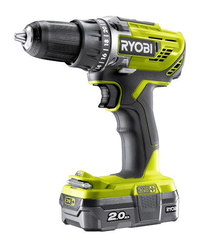 Grön och svart borrskruvdragare med märket "RYOBI" på sidan, uppladdningsbart batteri monterat.
