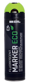 Svart burk med grön topp, text "FLUORESCENT MARKER ECO" och "SPRAY MASTER" i vitt och grön.