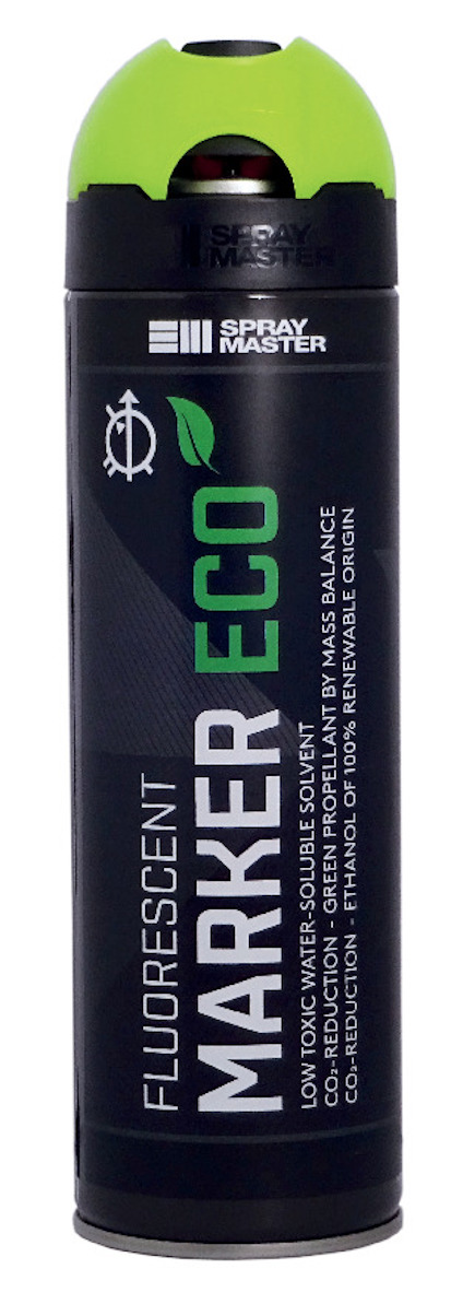 Svart burk med grön topp, text "FLUORESCENT MARKER ECO" och "SPRAY MASTER" i vitt och grön.