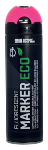 Svart sprayburk med en rosa topp och texten "Fluorescent Marker Eco" i grönt och vitt.