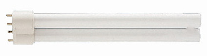 Kompaktlysrör med fyra stift i vit färg, avlång och dubbelsidig design.